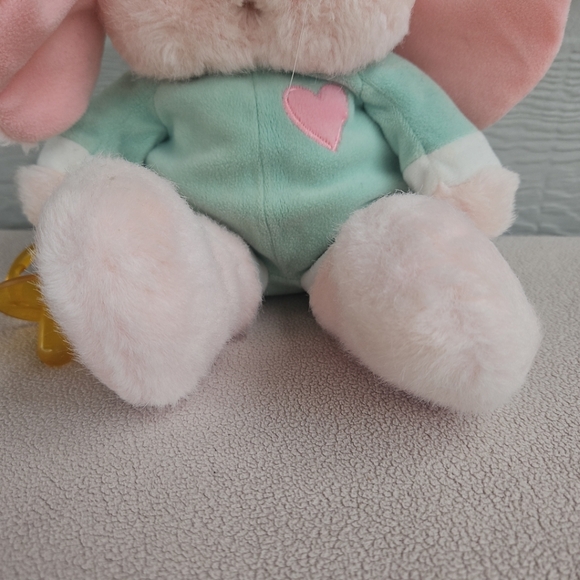 Vintage Pink Bunny with Pacifier Plush 12" Green Pink Heart Stuffed Rabbit Baby - Picture 7 of 9